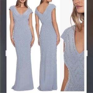 XSCAPE Beaded V-Neck Cap Sleeve Figure-Skimming Gown in Silver